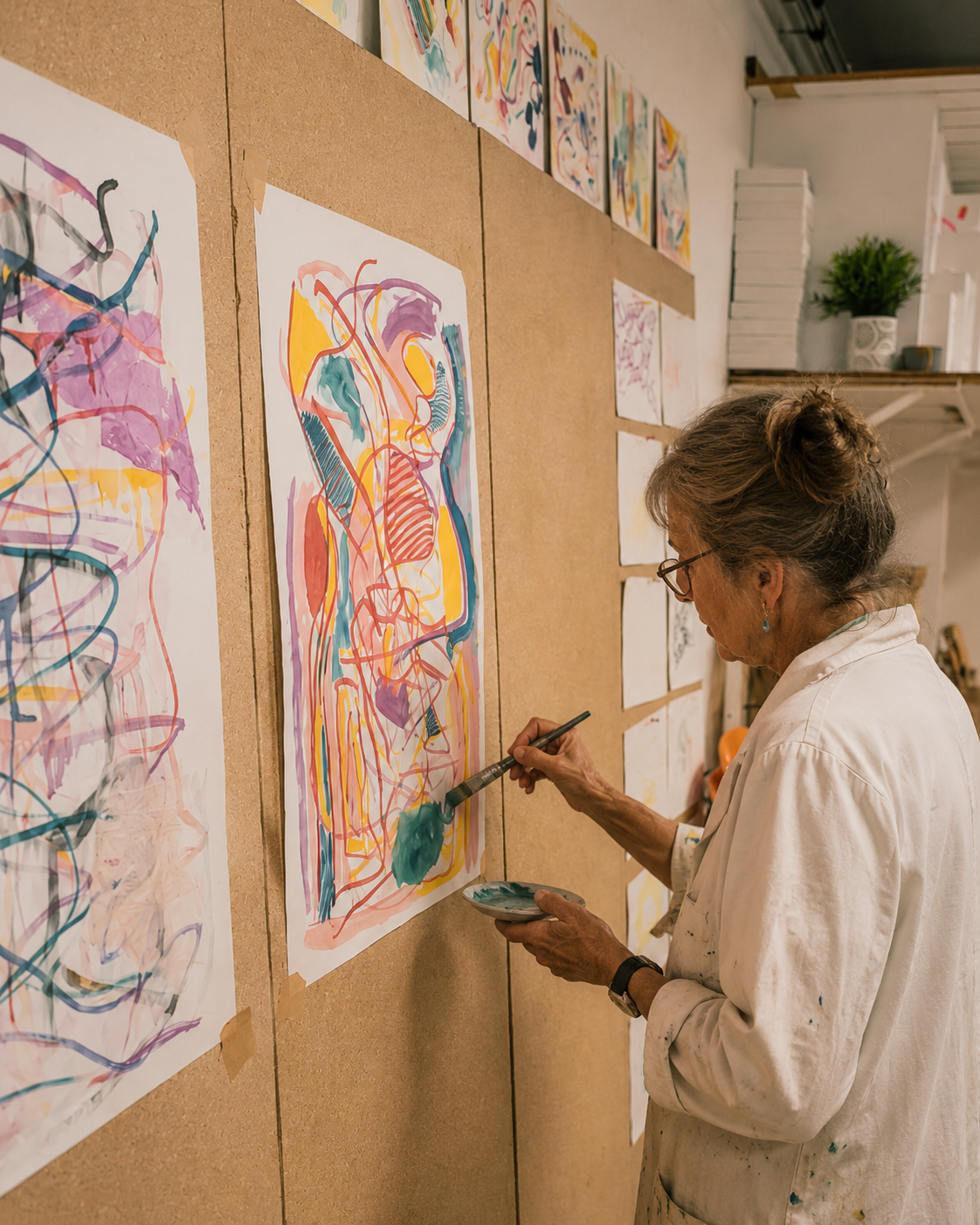 Nicky in her active studio with works in progress and larger materials, hosting a small intimate group.