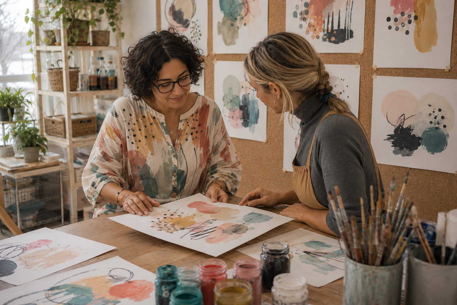 A small group making together around a shared studio table with materials, in warm light.