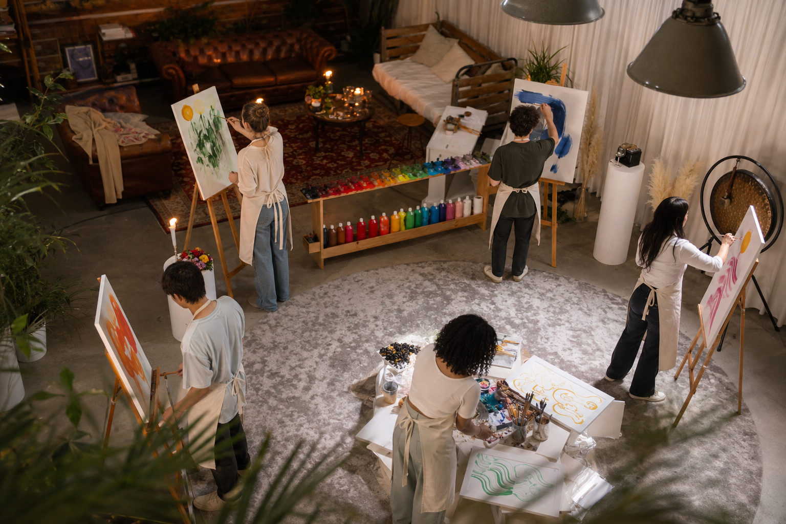 Participants working at easels together during a participatory art experience.