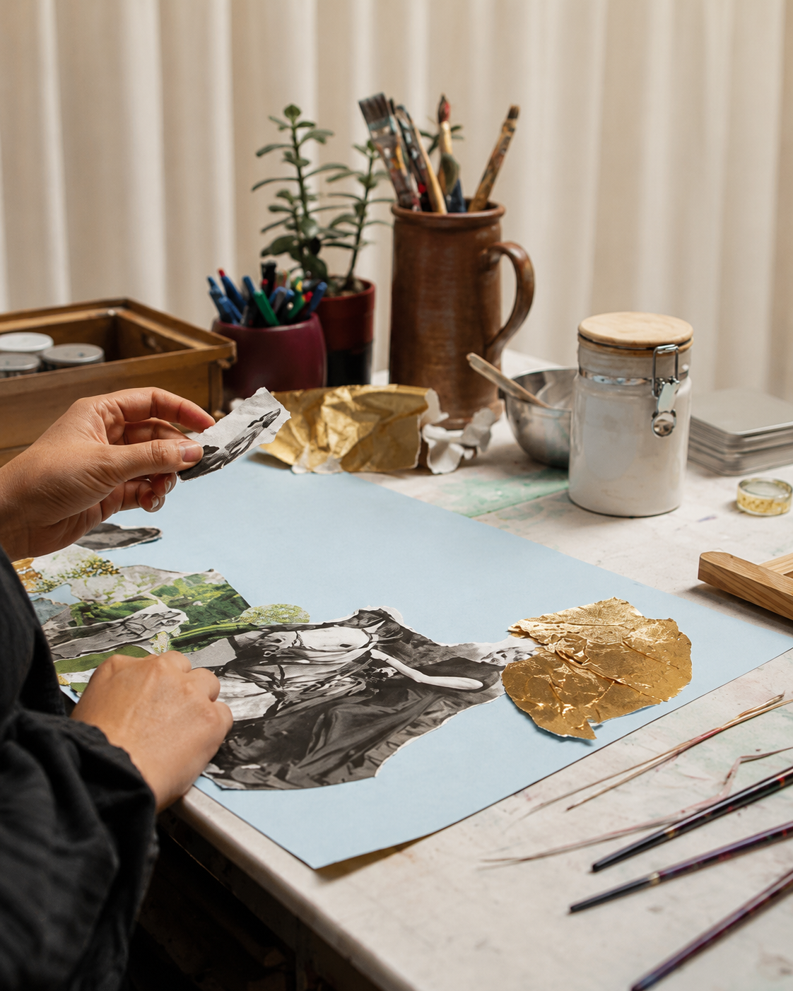 Materials and preparation on the studio table before a participatory art session.