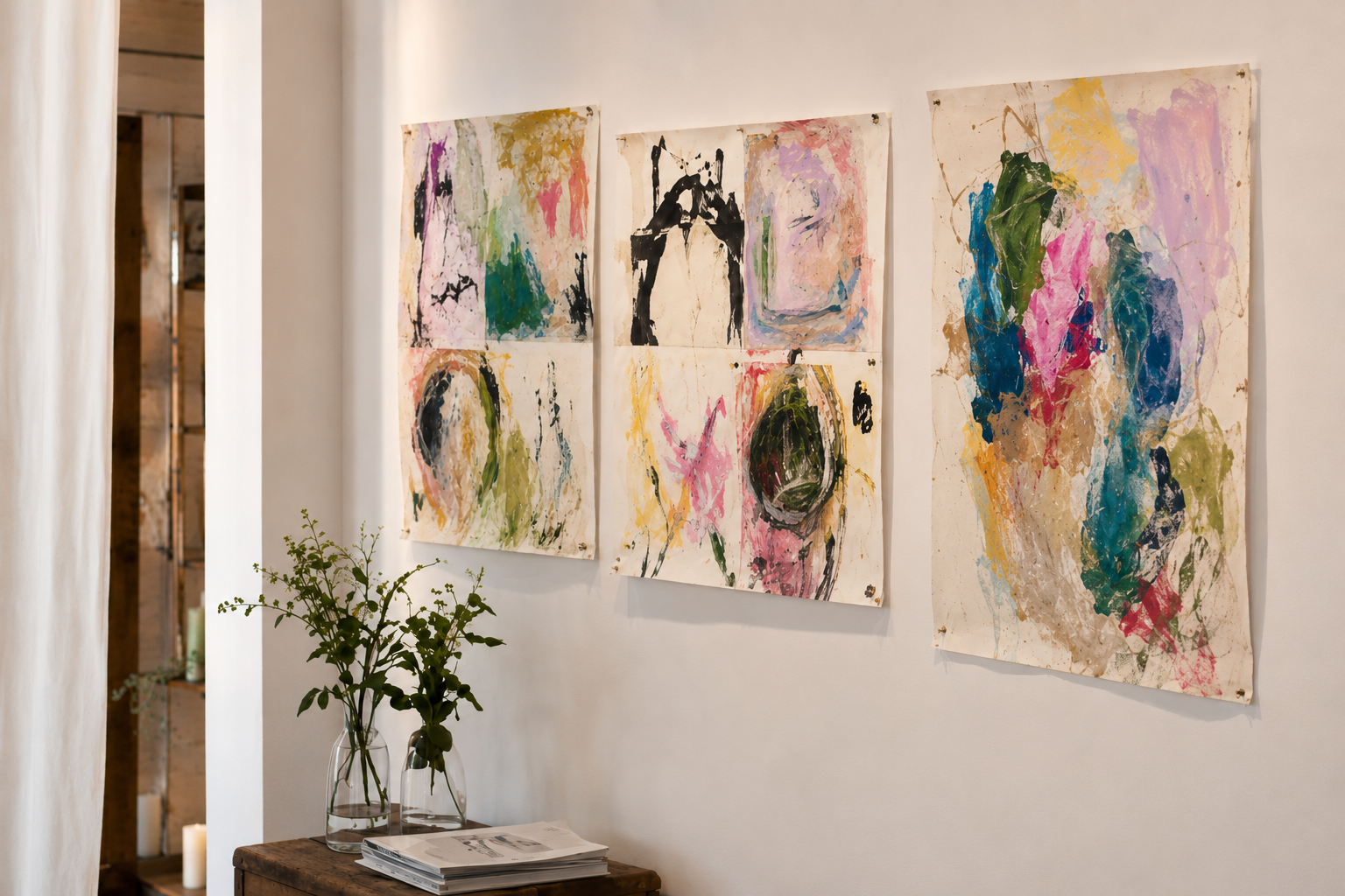 Colourful participatory artworks displayed in the warm ARTKOM studio